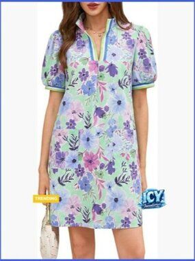 Summer Mini Dress with Puff Sleeves Floral V-Neck Loose Boho A-Line